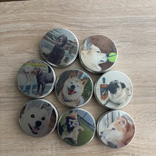 犬の写真を印刷した豆缶をたくさん並べた写真